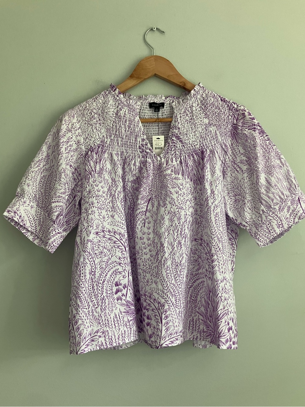 TALBOTS White and Purple A-Line Cotton and Linen Top Size S NWT